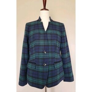 Talbots Womens Blue GrendPlaid  Wool Blend Blazer Sz 6 Career Business 2 Buttons